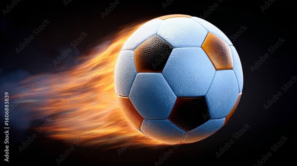 Fototapeta premium Soccer ball is in the air with flames coming out of it. Concept of excitement and energy, as if the ball is in motion and ready to be kicked