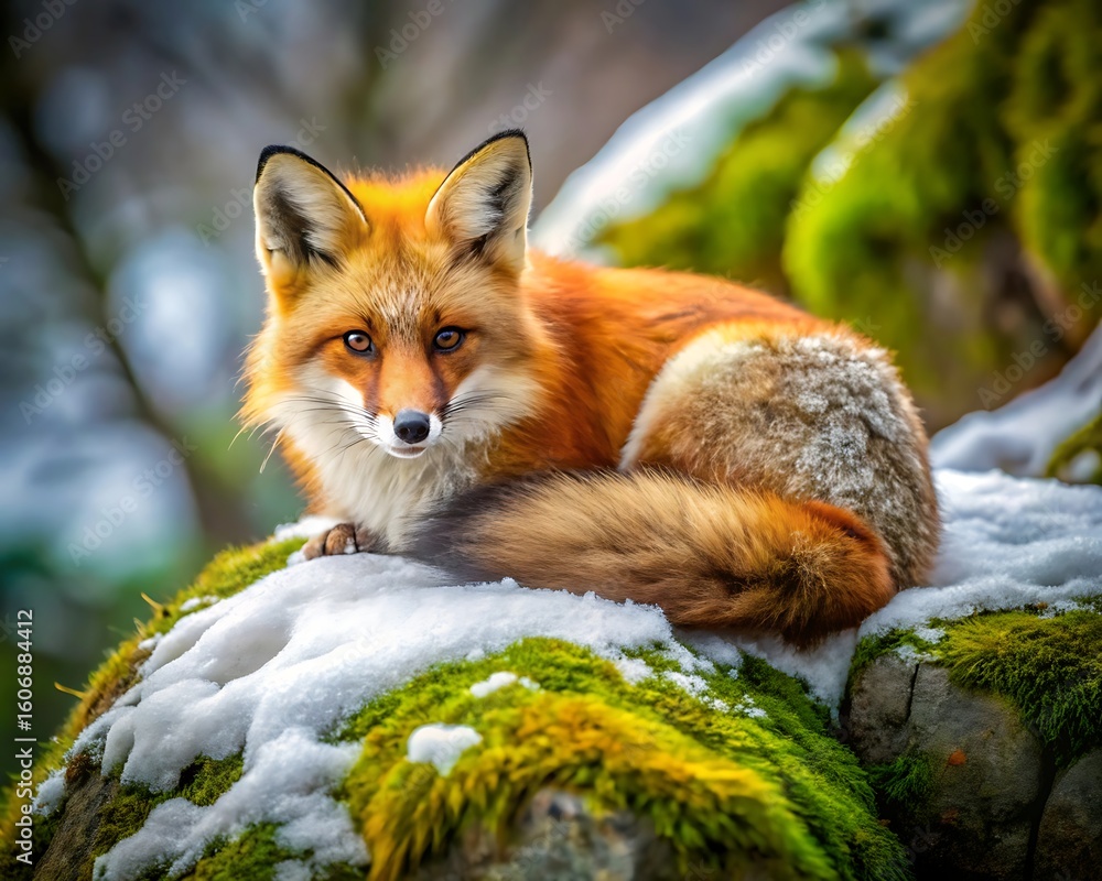 Fototapeta premium A beautiful red fox rests on a mossy rock covered in snow