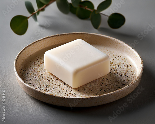 A clean bar of natural, white soap and a towel are isolated on a white background for hygiene and spa