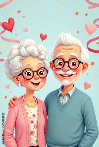 Cute elderly couple celebrating love with joyful smiles and bright decorations