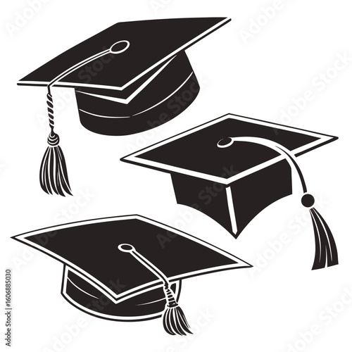 Three black graduation caps with tassels on white background