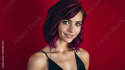 Wallpaper Mural Portrait of Freckled Woman with Wavy Purple Hair and Red Streaks Against Red Torontodigital.ca
