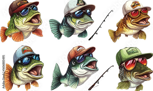 Cartoon Fish Wearing Hats and Sunglasses with Fishing Rods on a White Background