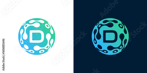 letter  d logo design with abstract ball technology digital data connection with green gradient color