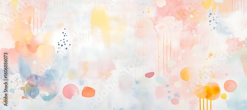 Abstract watercolor painting with pastel colors and dots creating a soft and dreamy atmosphere empty template