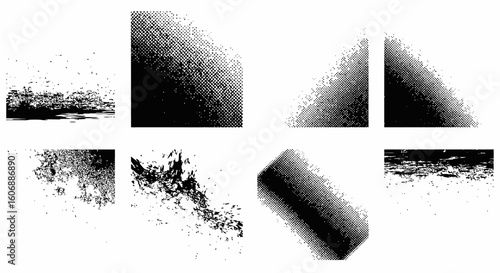 Black and white grunge textures pack for graphic design and digital art with halftone and distressed elements