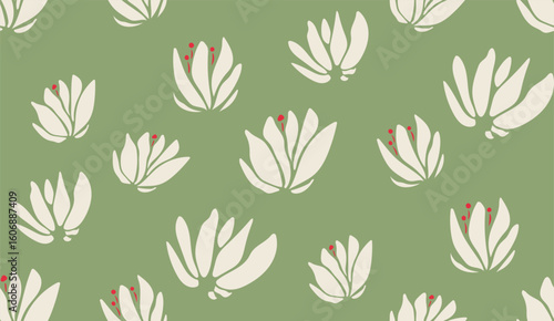 Flat seamless lotus pattern in green background. Perfect for wallpaper, fabric, and decoration.