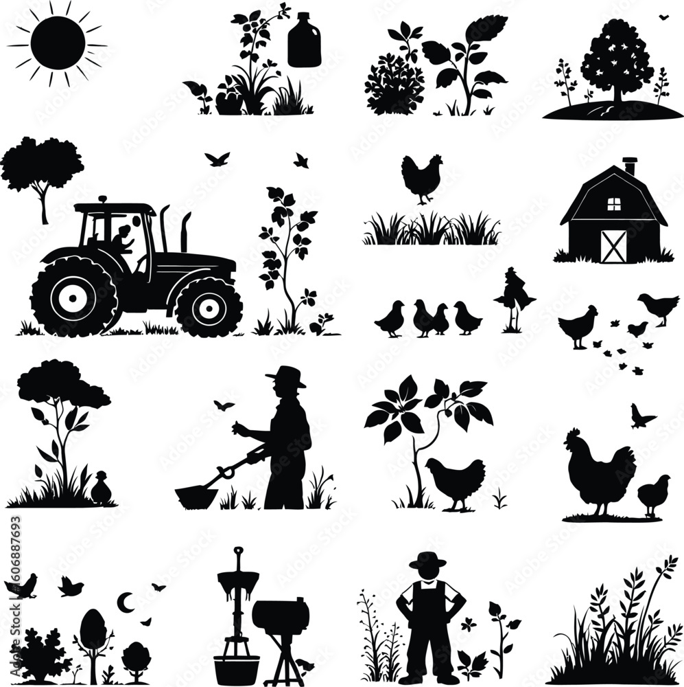 Fototapeta premium Black and white farm scene featuring a tractor, farmer, chickens, barn, and various plants and trees