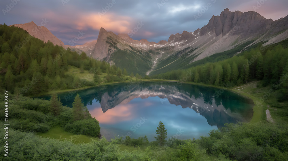 Obraz premium Tranquil alpine lake reflects dramatic sunset sky over jagged mountain peaks