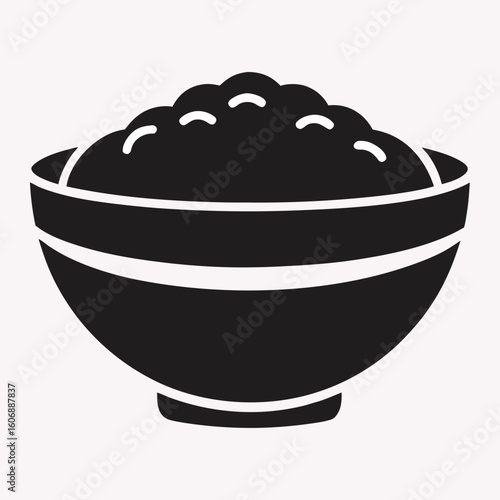 Simple black and white silhouette icon of a bowl filled with grains or rice representing food and staple ingredients