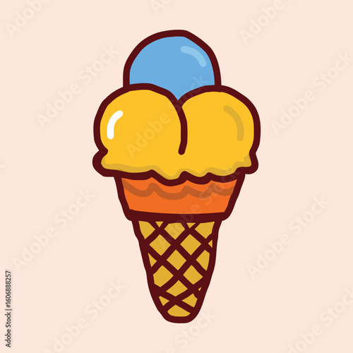 Vibrant cartoon ice cream cone with three scoops of delicious flavors on a light background