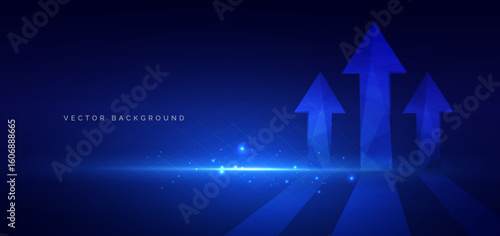 Futuristic up arrow glowing on dark blue background. Communication concept innovation.