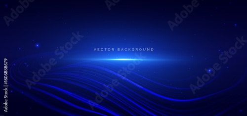 Blue wave lines speed movement on drak blue background with sparkle. Hi-speed racer car blue motion concept.