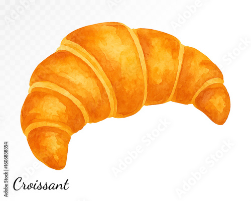 Watercolor illustration of classic golden croissant with crisp texture and warm baked surface isolated on white. Vector illustration.