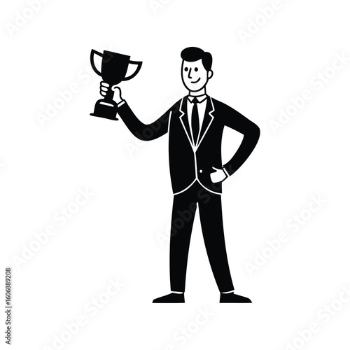 Black and white drawing of happy businessman holding up a trophy