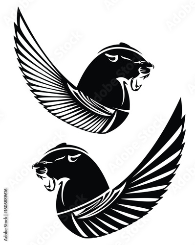 roaring black panther with stylized egyptian style wing vector head portrait - fantasy  mythical animal outline design