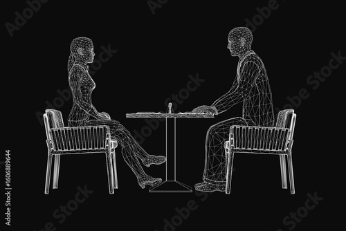 A 3D wireframe of a man and woman sitting at a cafe table, surrounded by various objects. The dark background highlights the intricate digital framework.