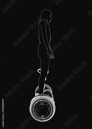 A young girl glides effortlessly on a futuristic hoverboard, her dynamic silhouette sharply defined against a dark background. Flowing hair and motion lines emphasize speed, while sleek contours.