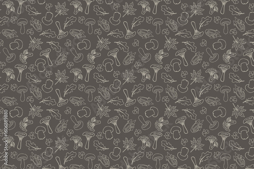 Autumn mushroom outline pattern, swatch available in swatches panel, seamless hand-drawn forest elements on dark background