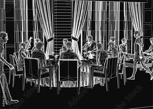 A group of people sit around a restaurant table, illustrated in black and white contour style. Glasses and objects are placed on the table, with curtains visible in the background.