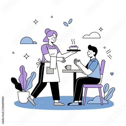 Waitress in apron serving food to a customer at a cafe table. Flat vector illustration concept.