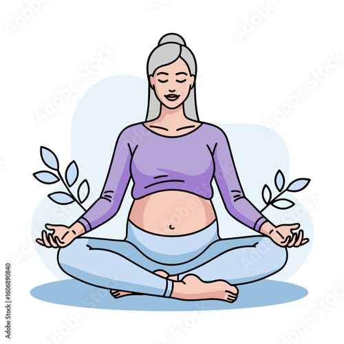 Serene mature pregnant woman practicing mindfulness meditation in a lotus yoga pose for calm.