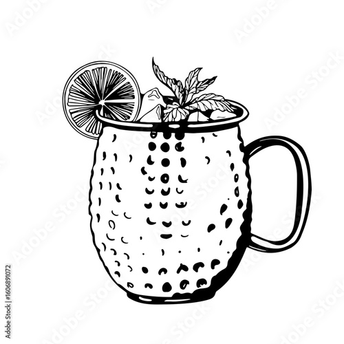 Hand drawn Moscow mule cocktail in copper mug with ice lemon slice and mint leaves sketch black and white vector illustration with textured surface and detailed garnish elements