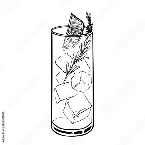 Hand drawn highball glass with ice cubes lemon wedge and rosemary sprig refreshing summer cocktail sketch black and white vector illustration isolated on white background