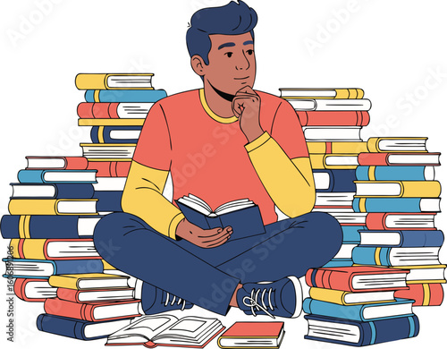 A metaphor for the inability to make decisions. There are many books on the floor, and the person is unable to choose a book, demonstrating confusion, doubt, and difficulty in making a decision.