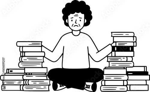 A metaphor for the inability to make decisions. There are many books on the floor, and the person is unable to choose a book, demonstrating confusion, doubt, and difficulty in making a decision.