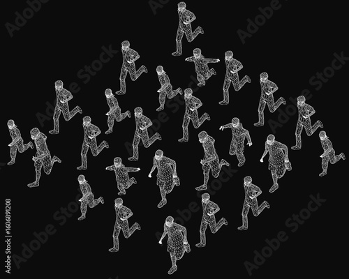A group of people running in a line on a black background creates a striking 3D wireframe effect. The dynamic motion suggests high speed, with each figure seamlessly connected. Isometric view