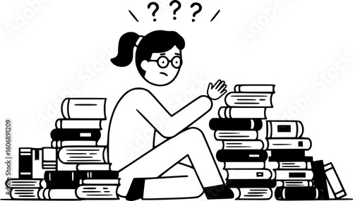 A metaphor for the inability to make decisions. There are many books on the floor, and the person is unable to choose a book, demonstrating confusion, doubt, and difficulty in making a decision.