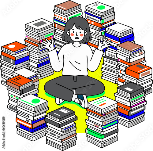 A metaphor for the inability to make decisions. There are many books on the floor, and the person is unable to choose a book, demonstrating confusion, doubt, and difficulty in making a decision.