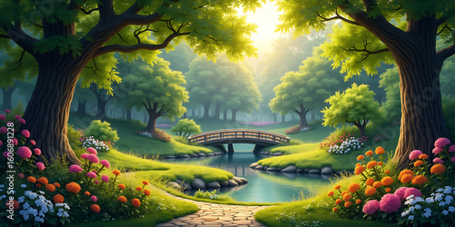 Enchanting forest glade with a charming stone bridge over a gentle stream and vibrant flowers