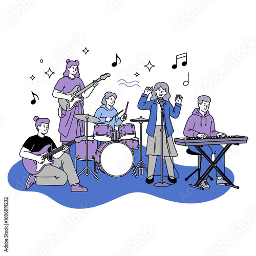 A youth music band in rehearsal. Teenagers playing instruments in a modern line art illustration.