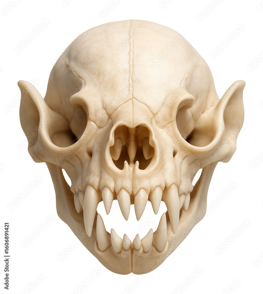 Obraz premium Vampire bat skull displaying sharp, triangular teeth and pronounced nasal cavity
