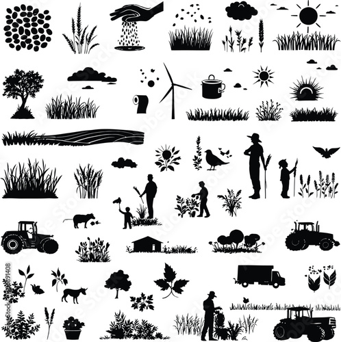 Collection of black farming and agriculture related icons on a white background illustration art