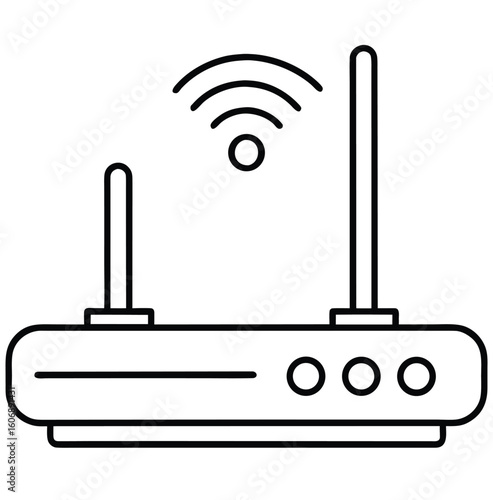 A minimalist line art icon of a Wi-Fi router, symbolizing internet connectivity for office or home networks, isolated on a white background. Vector illustration of a wireless modem and access point.