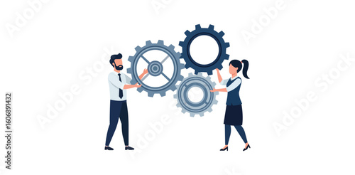 Man and woman turning interconnected gears vector illustration representing teamwork collaboration process development productivity strategy and business cooperation
