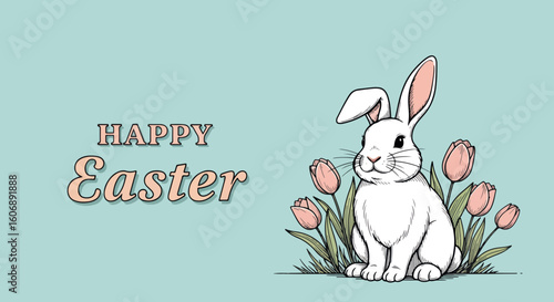Happy Easter with cute bunny among tulip flowers on soft background, celebrating Easter. Easter brings happiness and joy, as seen in this delightful illustration.