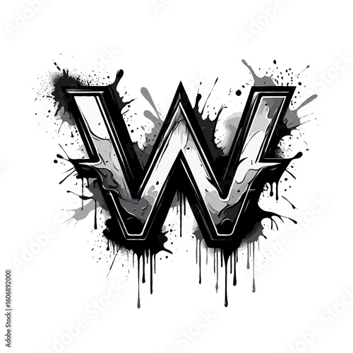 Vector art of stylized letter w with metallic texture and dripping paint on white