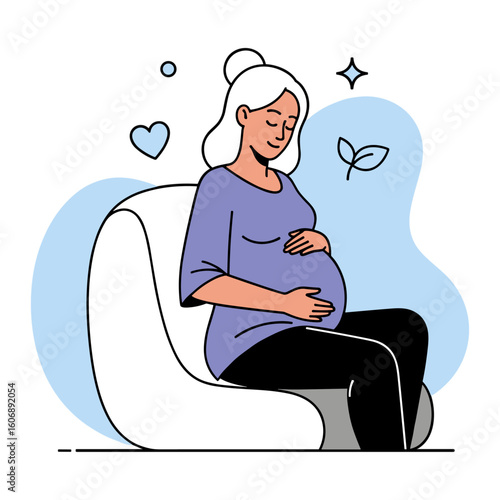 Serene pregnant woman sits in a chair caressing her abdomen. Maternity and motherhood concept