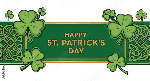 St. Patrick's Day banner with shamrocks and Celtic knot artwork on green background. St. Patrick's Day elements convey seasonal greetings for holiday celebrations and festive events. Consider this St.