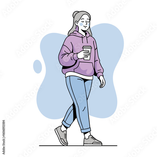 Contented young woman in a purple hoodie walking with a takeaway coffee. Vector illustration.