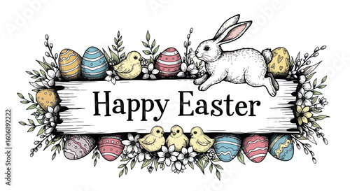 Artistic Happy Easter sign on a wooden board with sketched springtime elements. Happy Easter design features a cute bunny, eggs, and chicks among decorative flowers and branches.