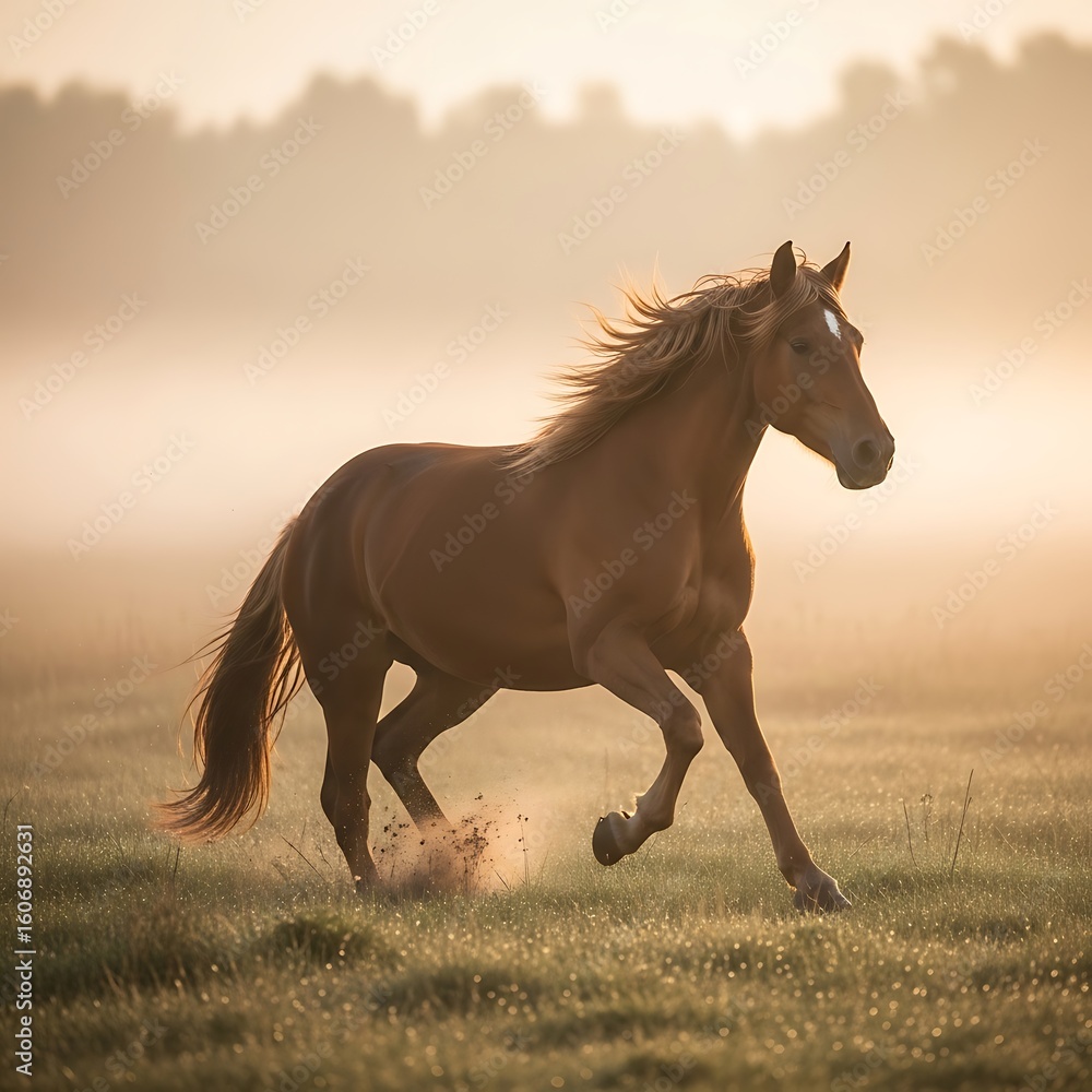 Fototapeta premium A majestic chestnut horse gallops with a flowing mane through a misty field at sunrise
