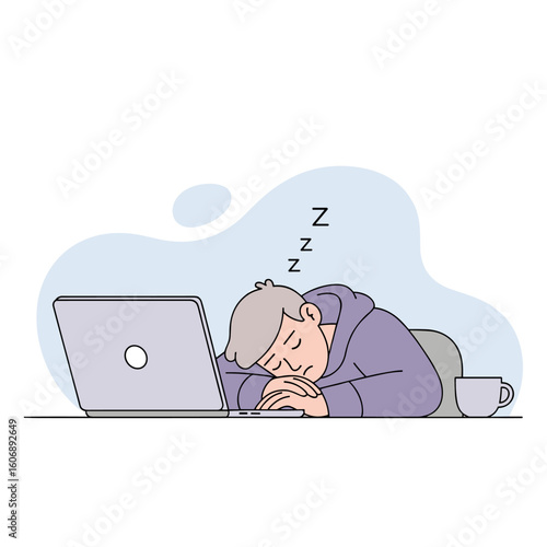 Flat vector illustration of an exhausted person sleeping at a desk with a laptop. Concept of fatigue, burnout, and overwork issues.