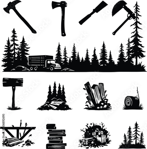 Black and white illustration of logging equipment and lumber in a forest scene with truck and trees