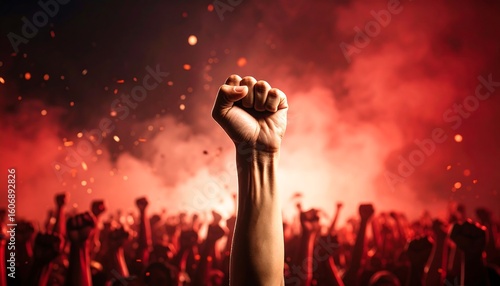A raised fist amidst a roaring crowd