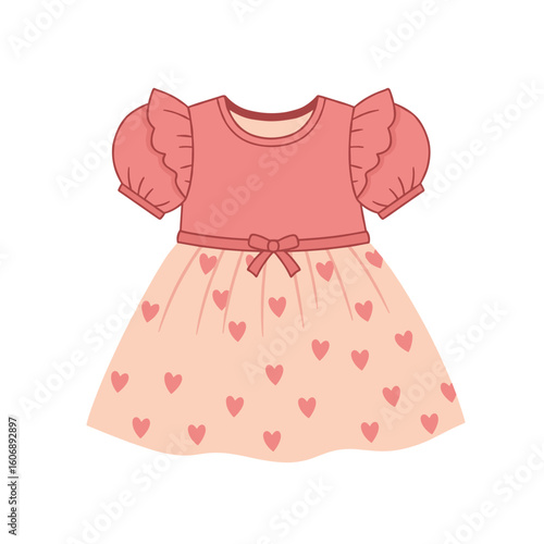 Cute pink dress with heart patterns for little girls on isolated background